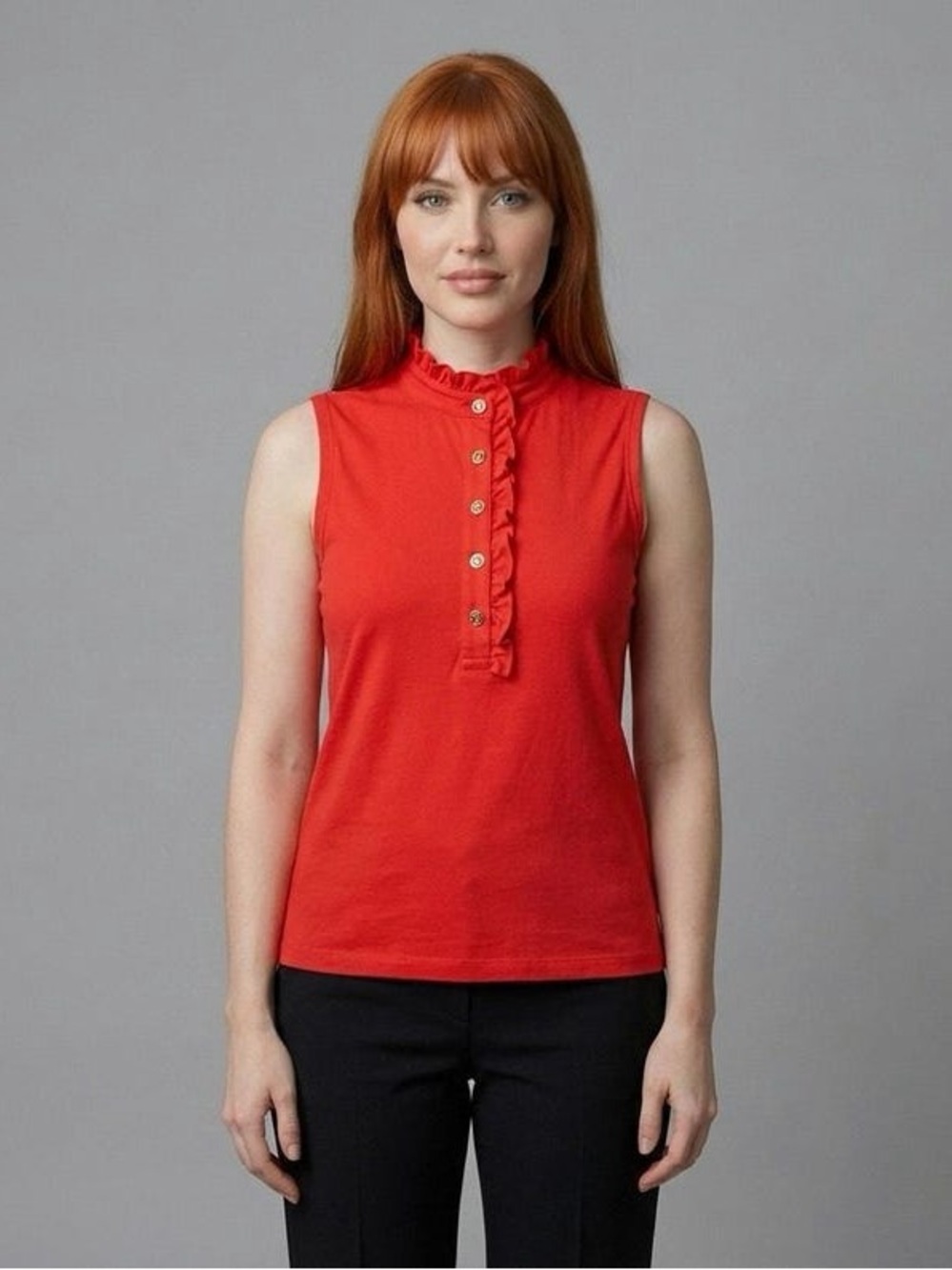 Tory Burch Lidia Ruffled Sleeveless Polo Top